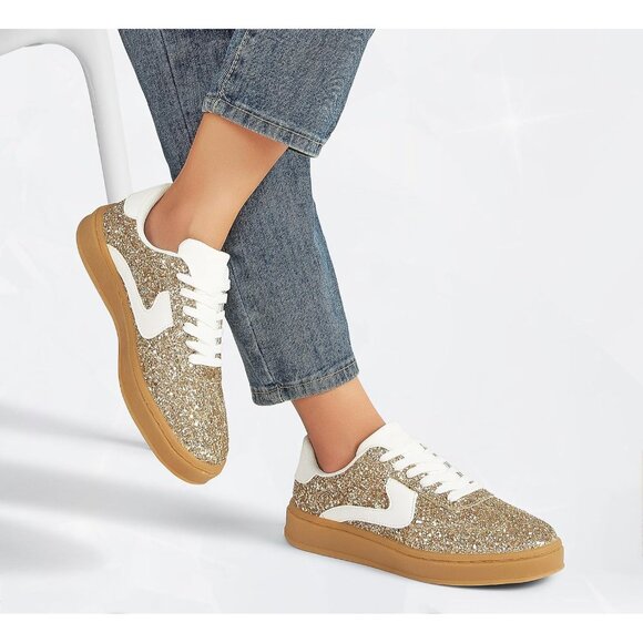 Lucky Step Women Gold White Sparkly Bling Shiny Dressy Bedazzled Bridal Sneakers - Picture 7 of 9